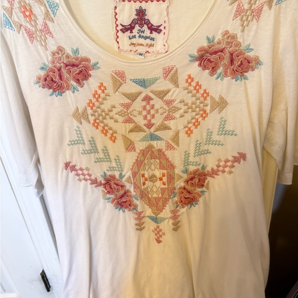 Johnny Was Floral Embroidered Cream Tee